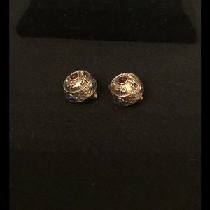 Round Gold Tone Clip Ons w Maroon & Blue Cabochons